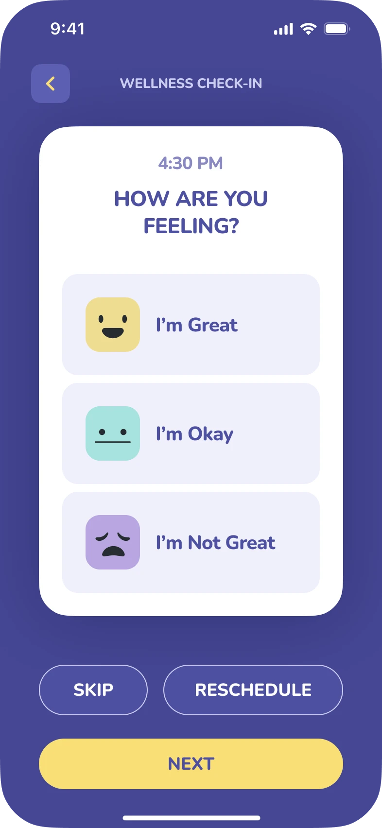 Elli Cares wellness check-in asking “How are you feeling?” with Great, Okay and Not Great options