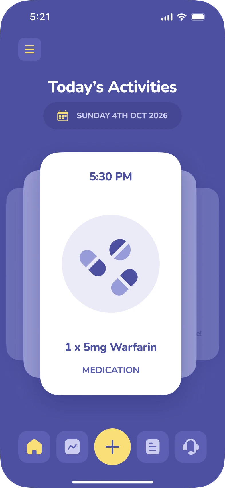 Elli Cares app showing today’s activities with a 5:30 PM medication reminder